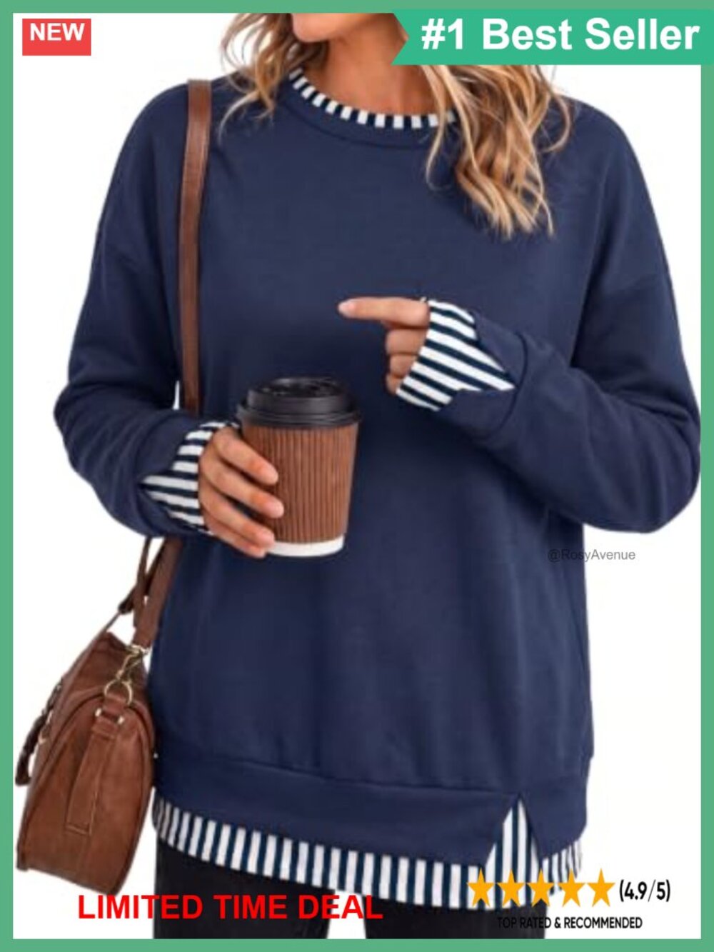 Womens Oversized Long Sleeve Sweatshirt Striped Side Slits Pullover